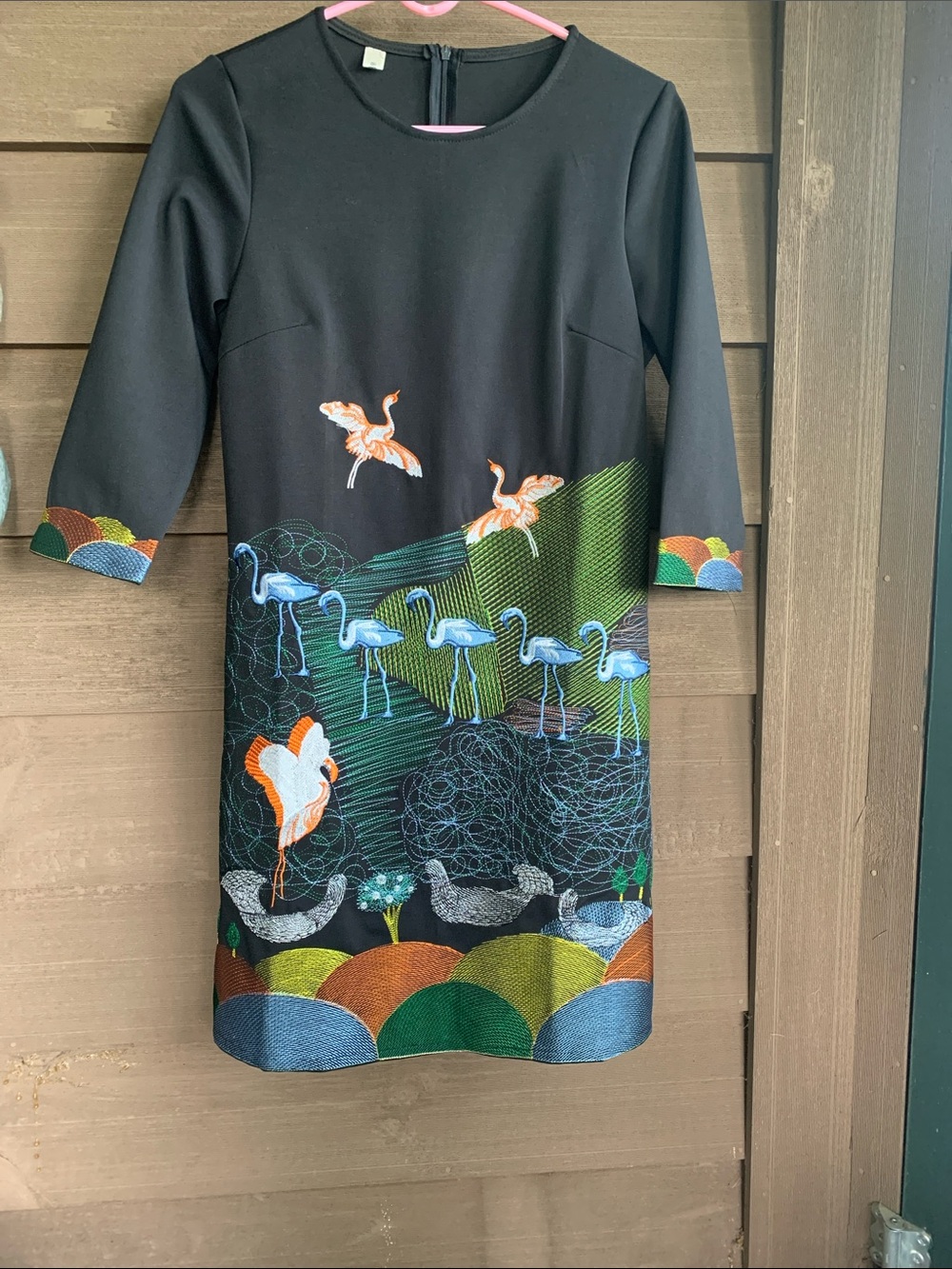 Black Shift Dress with Colorful Flamingo Embroidered Scene